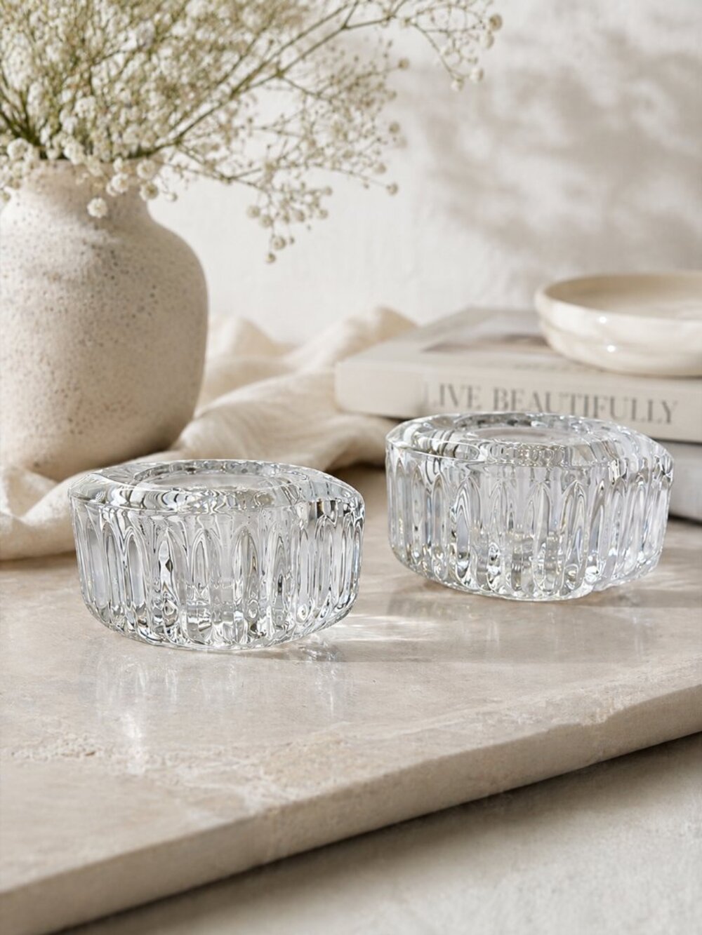 Set of 2 Clear Crystal Candle Holders Heavy Modern Sculptural Glass Decor MCM
